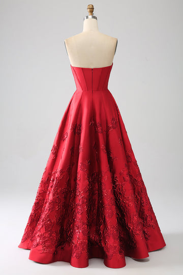 Elegant Princess A-Line Strapless Dark Red Long Ball Dress with 3D Flowers